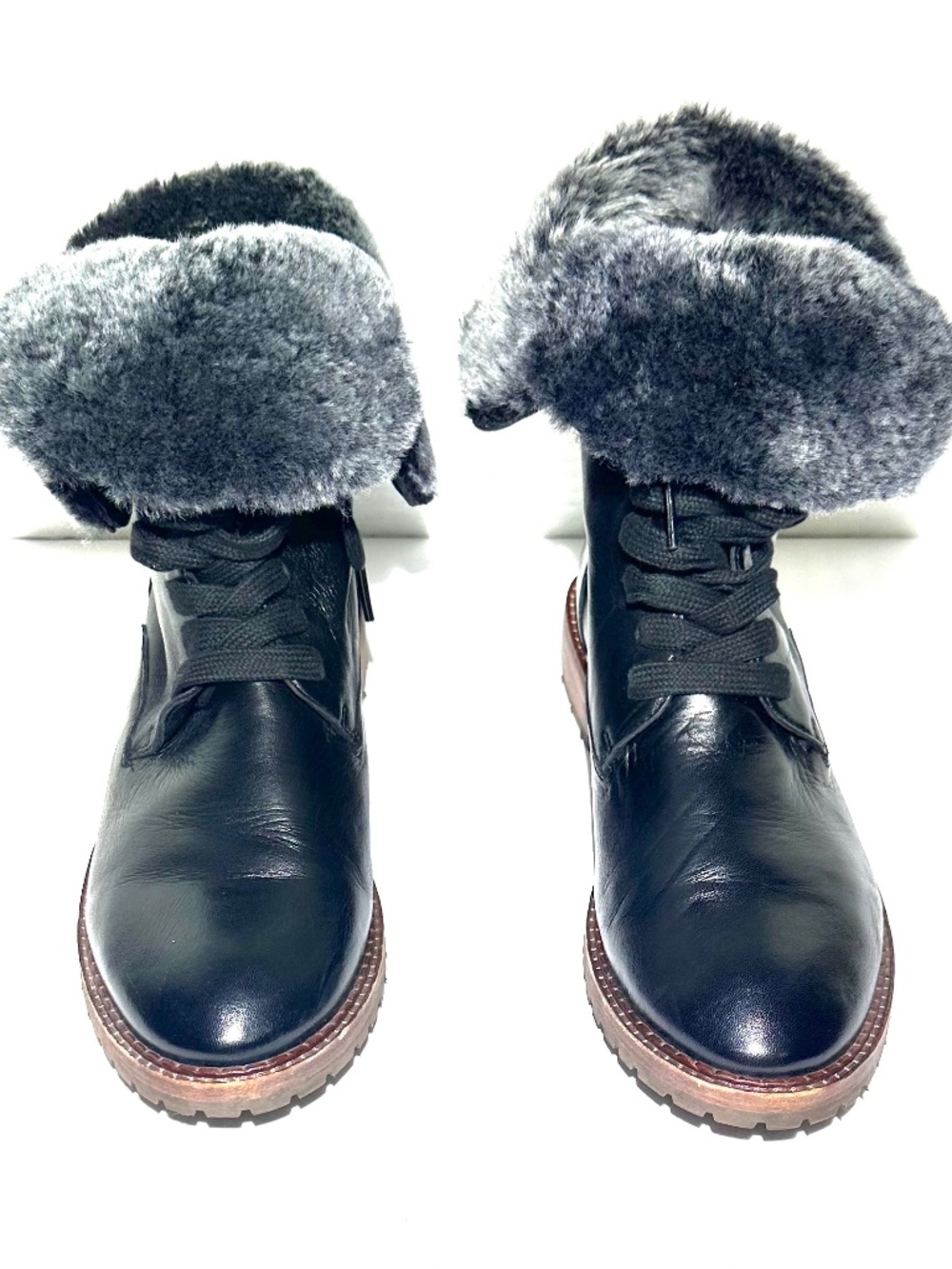 Johnston & Murphy Julie Black Leather Lace Up Shearling Cuff Combat Boots S 11